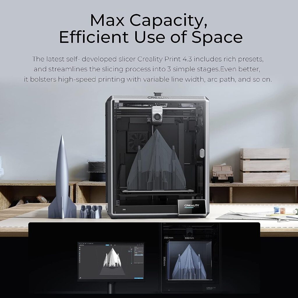 Creality K1 Max 3D Printers, 600mm/s Printing Speed Smart AI Function 300 * 300 * 300 Large Build Volume Dual Hands-Free Auto Leveling Dual Cooling