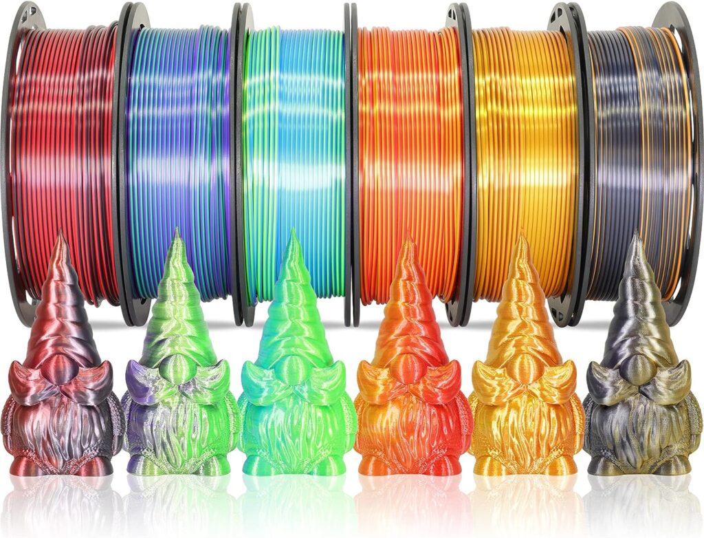 MIKA3D 6 Spools Bicolor Dual Color 1.75mm 3D Printer Filament Bundle, 3D Printing Silk PLA, Silk Black-Orange/Red-Gold/Black-Red/Gold-Copper/Green-Blue/Green-Purple, 3D Printing PLA 250g X 6 Spools