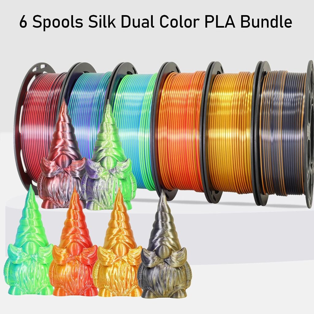 MIKA3D 6 Spools Bicolor Dual Color 1.75mm 3D Printer Filament Bundle, 3D Printing Silk PLA, Silk Black-Orange/Red-Gold/Black-Red/Gold-Copper/Green-Blue/Green-Purple, 3D Printing PLA 250g X 6 Spools