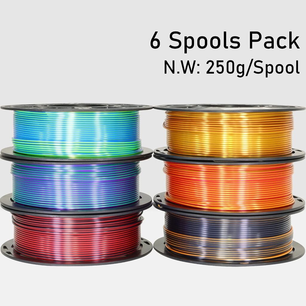 MIKA3D 6 Spools Bicolor Dual Color 1.75mm 3D Printer Filament Bundle, 3D Printing Silk PLA, Silk Black-Orange/Red-Gold/Black-Red/Gold-Copper/Green-Blue/Green-Purple, 3D Printing PLA 250g X 6 Spools