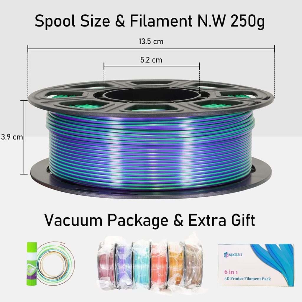 MIKA3D 6 Spools Bicolor Dual Color 1.75mm 3D Printer Filament Bundle, 3D Printing Silk PLA, Silk Black-Orange/Red-Gold/Black-Red/Gold-Copper/Green-Blue/Green-Purple, 3D Printing PLA 250g X 6 Spools