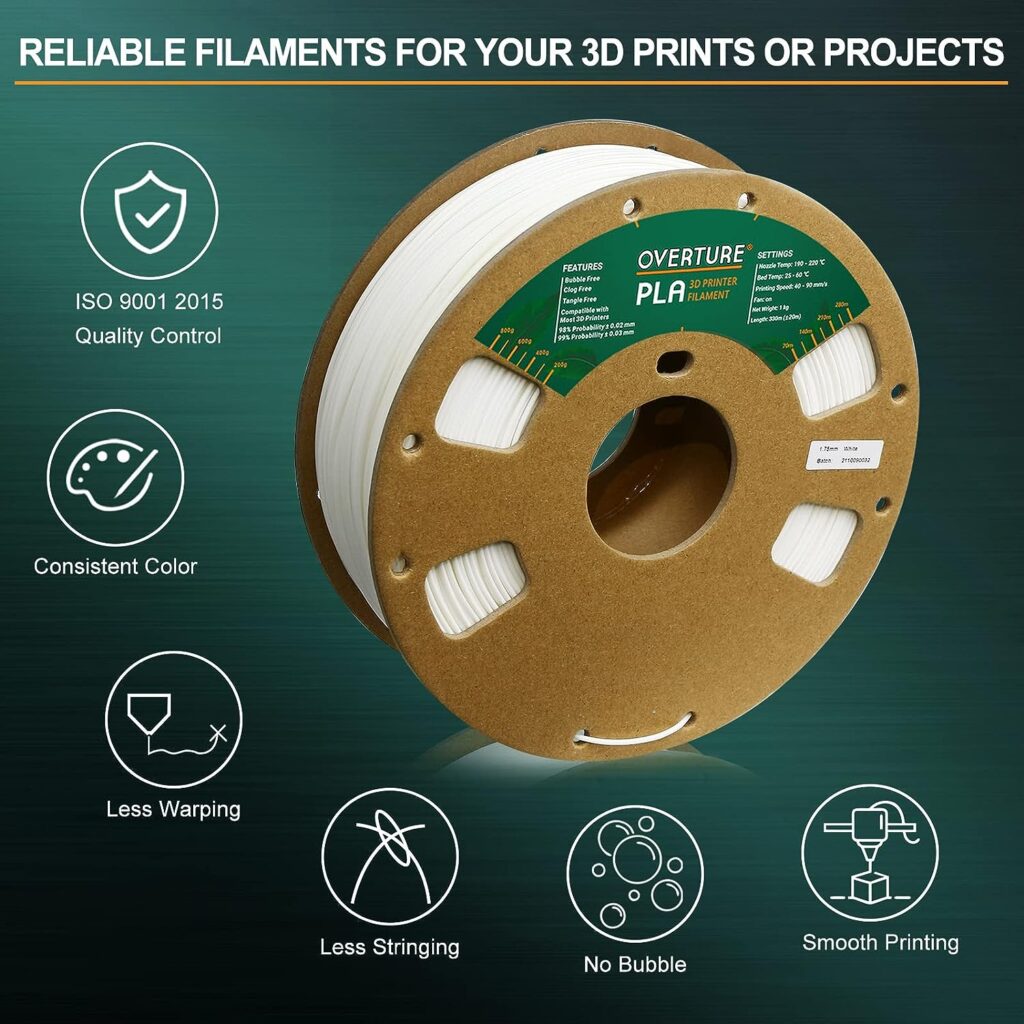 OVERTURE PLA Filament 1.75mm PLA 3D Printer Filament, 1kg Cardboard Spool (2.2lbs), Dimensional Accuracy +/- 0.03mm, Fit Most FDM Printer (White 1-Pack)