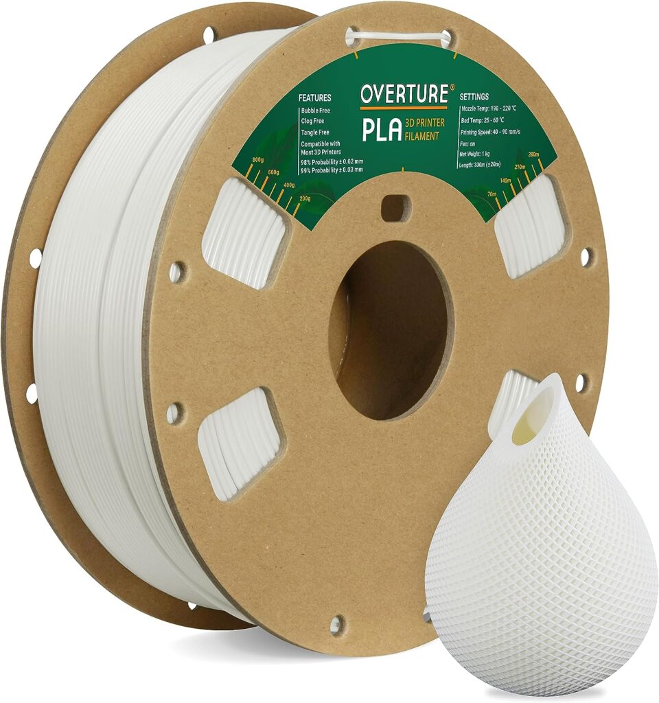 OVERTURE PLA Filament 1.75mm PLA 3D Printer Filament, 1kg Cardboard Spool (2.2lbs), Dimensional Accuracy +/- 0.03mm, Fit Most FDM Printer (White 1-Pack)