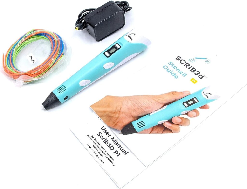 SCRIB3D P1 3D Printing Pen with Display - Includes 3D Pen, 3 Starter Colors of PLA Filament, Stencil Book + Project Guide, and Charger