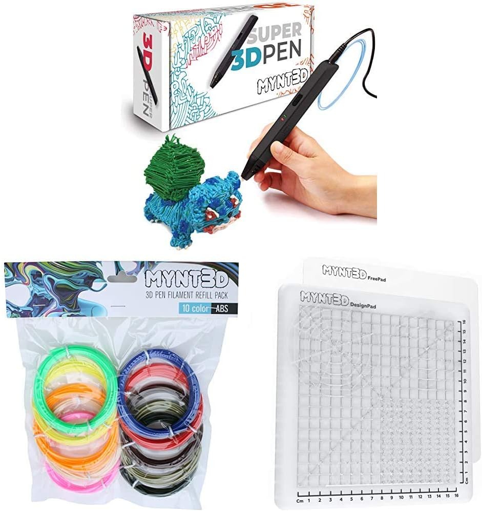 MYNT3D Super 3D Pen + 10 Color ABS Filament + DesignPad Mat Kit Bundle