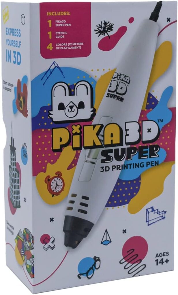 PIKA3D Super 3D PRINTING PEN - Includes 3D Pen, 4 Colors of PLA Filament Refill with Stencil Guide and User Manual