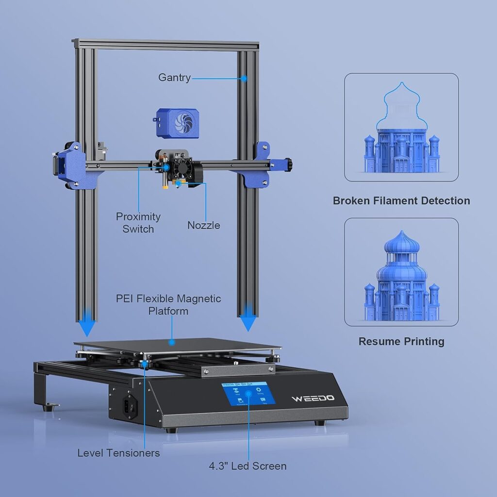 WEEDO ME40 Pro 3D Printers, Large 3D Printers with Auto Lveling and PEI Soft Magnetic Plate, Fully Open Souce, 4.3 Touchscreen, Support PLA/PLA+/ABS/TPU/PETG/Wood, Build Size 15.7 x 11.8 x 11.8