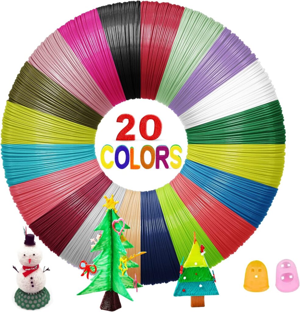 3D Pen Filament, Yungden 20 Colors 1.75MM PLA Refills with 2 Finger Caps, High Precision 3D Printing Cords for Art Creation, 16.4 Feet per Color, 328 Feet in Total, Christmas Gift for Kids Boys Girls