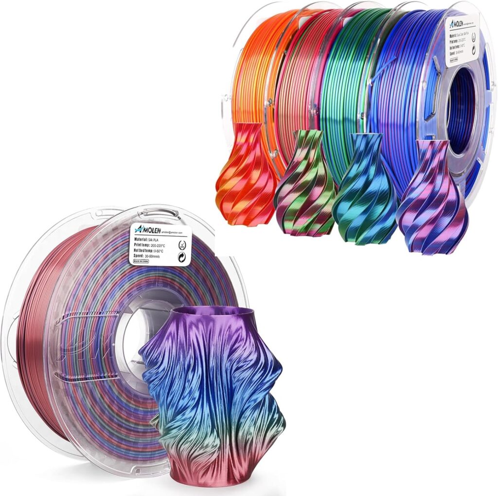 AMOLEN 3D Printer Filament Bundle, Silk PLA Filament 1.75mm, Dual Color Filament, Silk Red Gold, Silk Red Green, Silk Red Blue, Silk Blue Green, Shiny Cosmic Rainbow