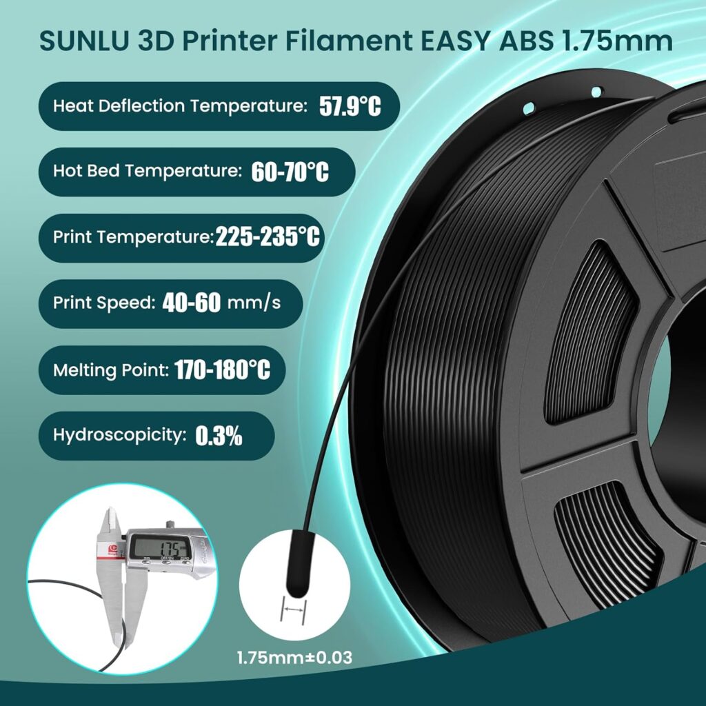 SUNLU ABS Filament 1.75mm, Low Printing Temperature ABS 3D Printer Filament, Not Required 3D Printer Enclosure or Filament Dryer, Neatly Wound 3D Printing Filament, 1KG Spool (2.2lbs), Easy ABS, Black