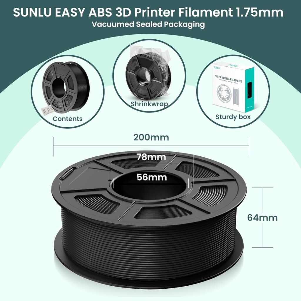 SUNLU ABS Filament 1.75mm, Low Printing Temperature ABS 3D Printer Filament, Not Required 3D Printer Enclosure or Filament Dryer, Neatly Wound 3D Printing Filament, 1KG Spool (2.2lbs), Easy ABS, Black